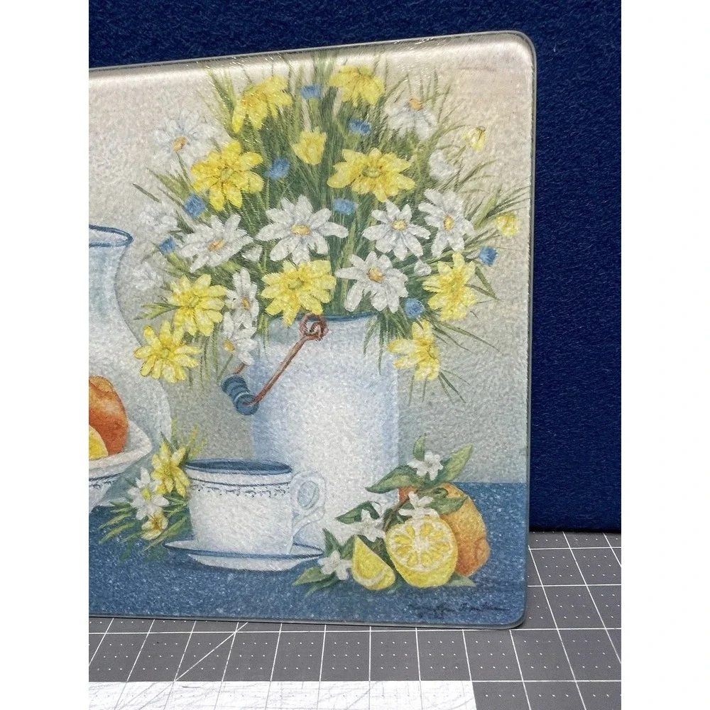 Tempered Glass Cutting Board Daisy Bowl Yellow Blue - 15